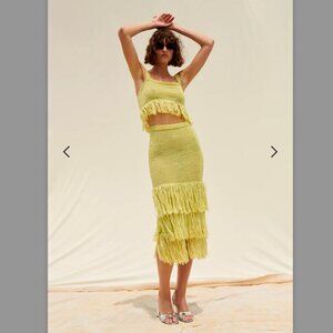 Saylor Shonda Set in Chartreuse, Fringe Crop top and Skirt Set, Small